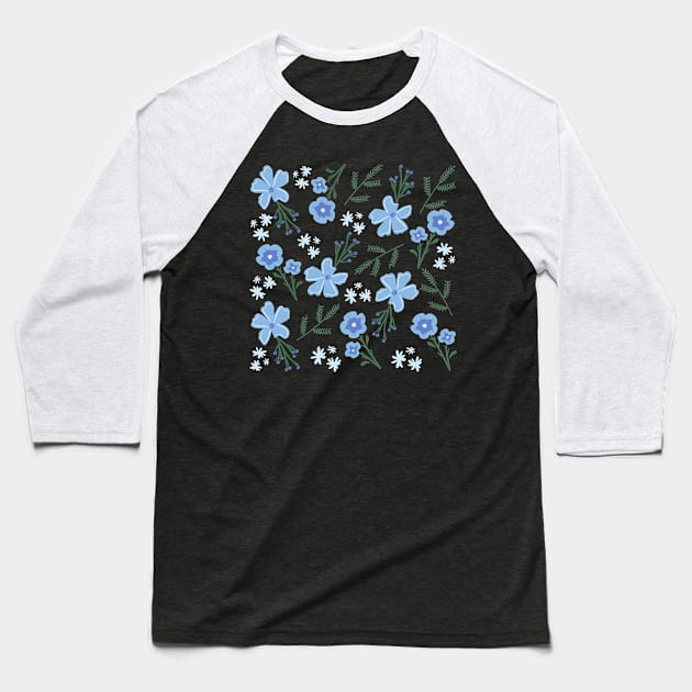 Blue wildflowers exotic flowers pattern on black background Baseball T-Shirt by CuTeGirL21